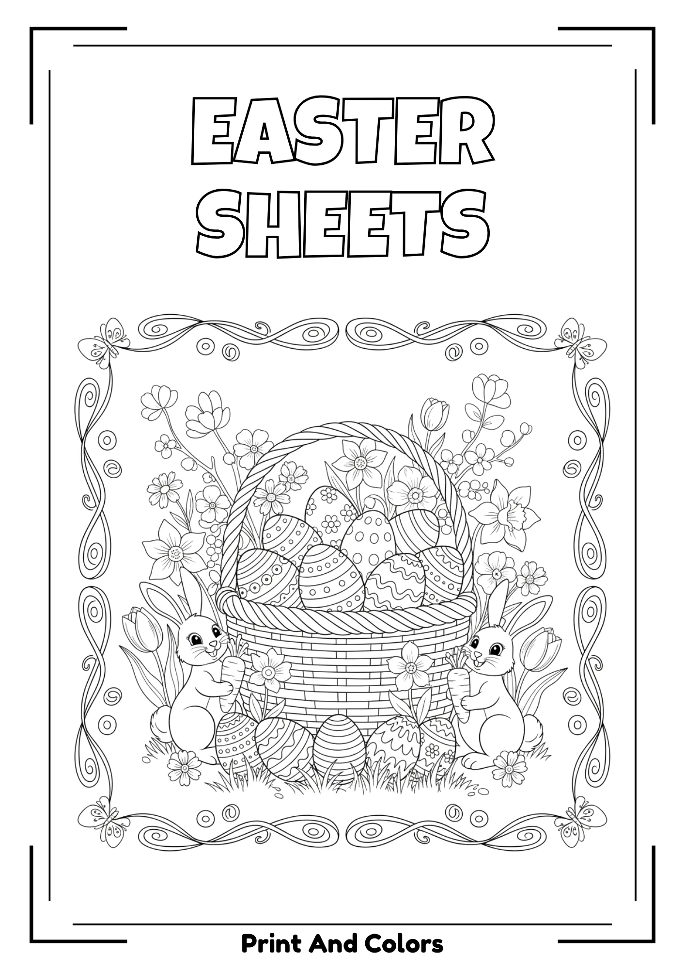 Easter coloring page in black and white line art with eggs and bunnies.