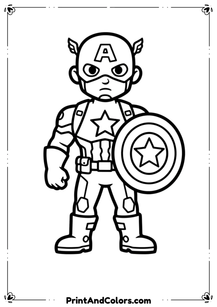 Simplified cartoon line art of Captain America, bold lines, minimal details, easy for young kids to color.
