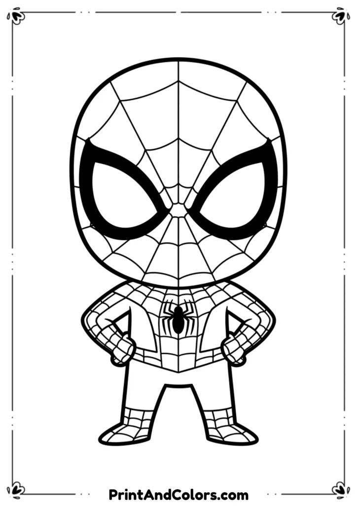 Cute cartoon Spider-Man standing with hands on hips, simple bold outlines for easy coloring.