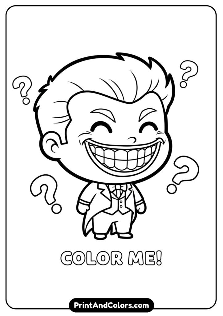 Cute chibi Joker cartoon with oversized head, wide smile, simple black and white outline for kids.