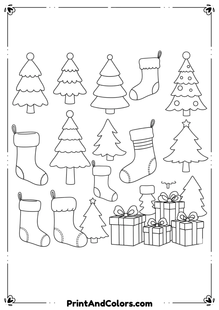 Simple black and white outlines of Christmas trees, stockings, and gifts suitable for kids and beginners.