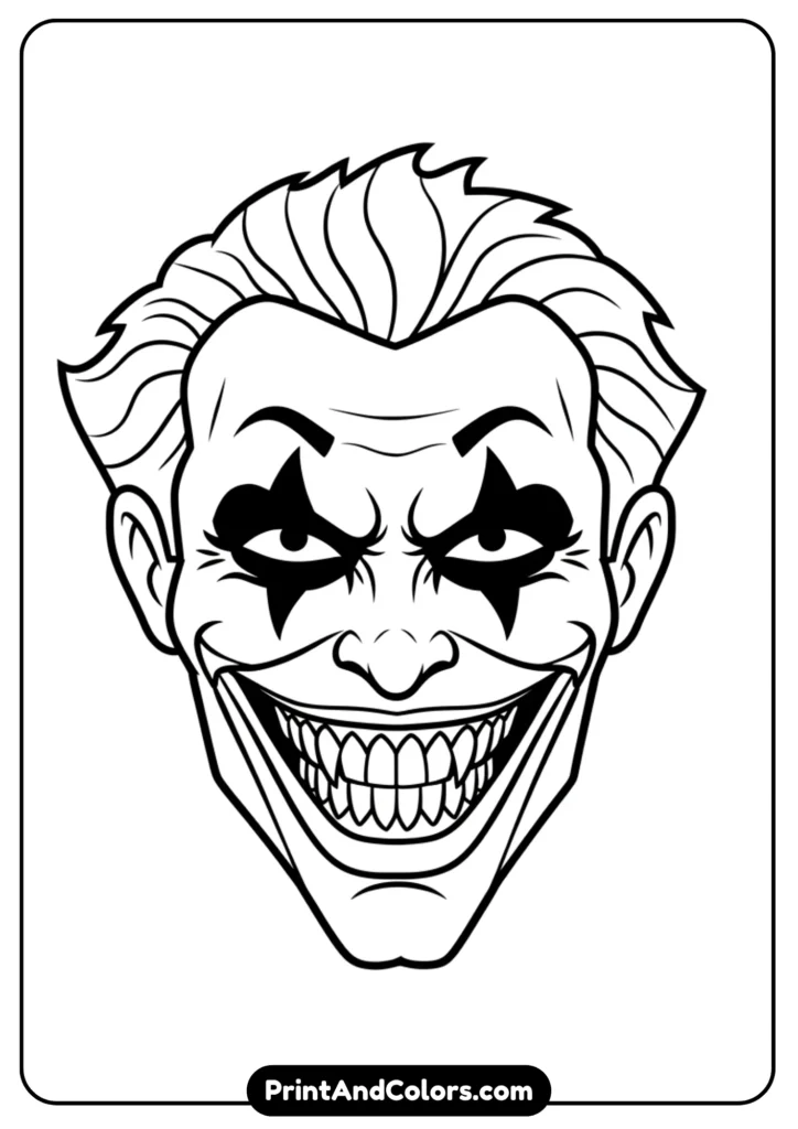 Simplified Joker face with scary grin and clown makeup, black and white outline with fewer details for easy coloring.