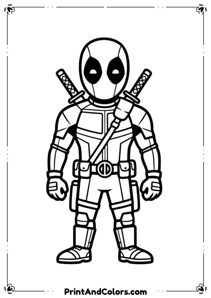 Simple Deadpool outline drawing in black-and-white, minimal details, clean bold lines, made for easy coloring by beginners or kids.