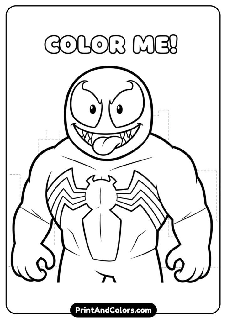 Simplified cartoon-style Venom with fewer details, friendly smile, and bold outlines, perfect for kids