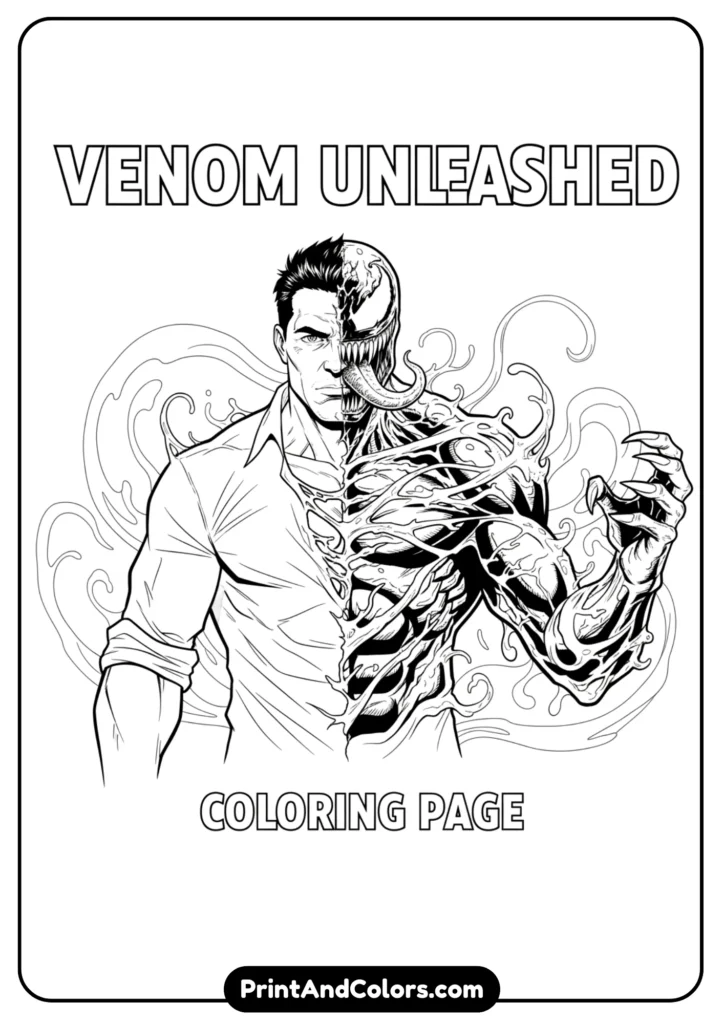 Line art of Eddie Brock transforming into Venom, half human, half symbiote spreading across his face and body