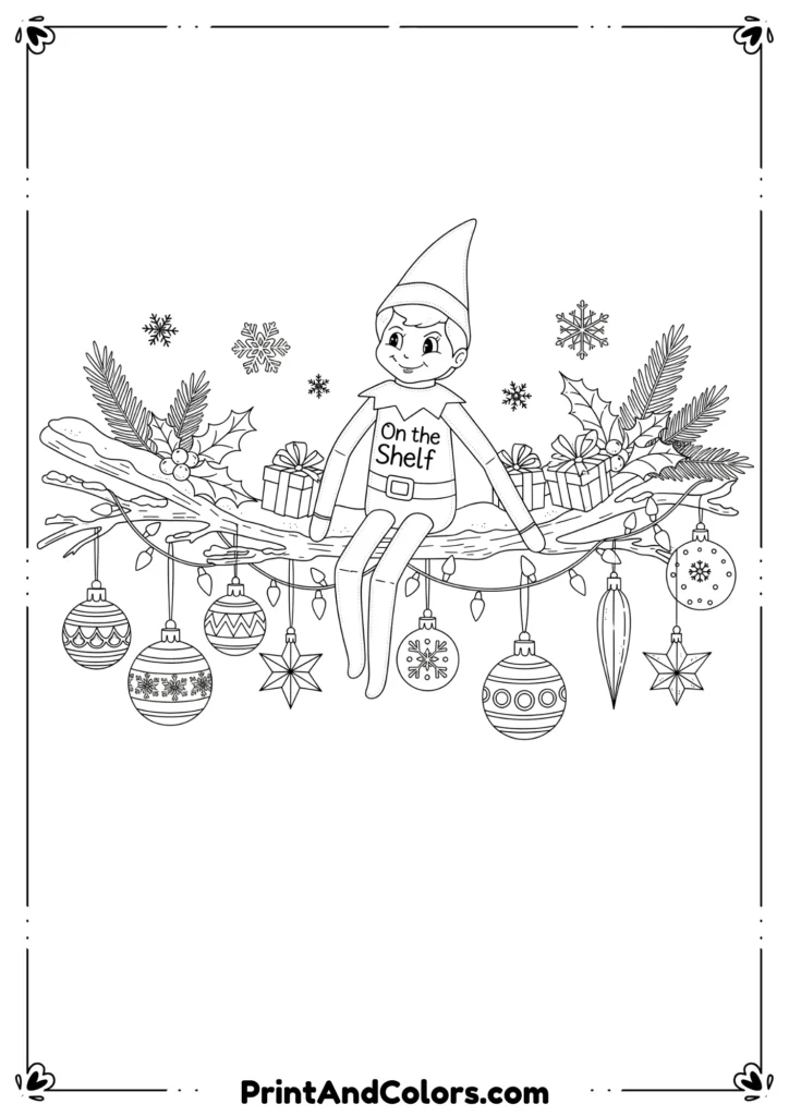 Line art of Elf on the Shelf sitting on a branch with Christmas decorations around.