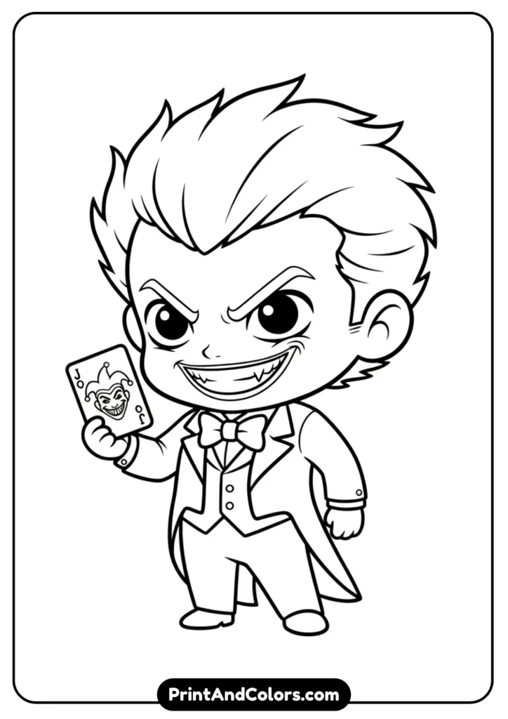 Cute but evil chibi Joker holding Joker playing card, simple black and white design