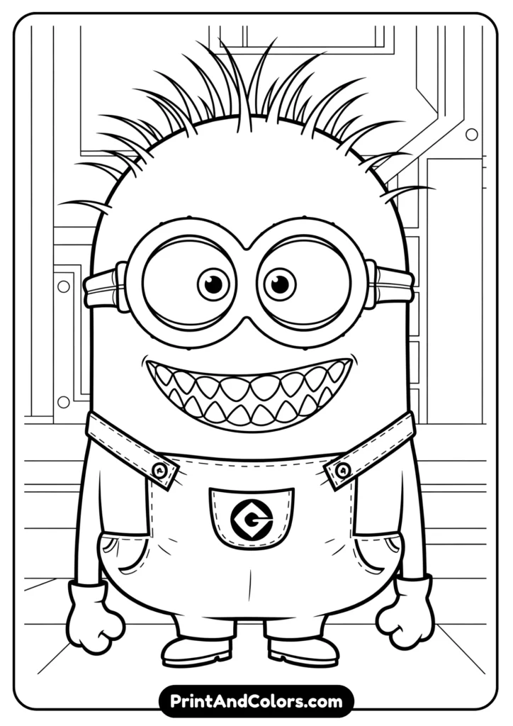Evil purple Minion with sharp teeth and wild hair, outlined in cartoon black-and-white art