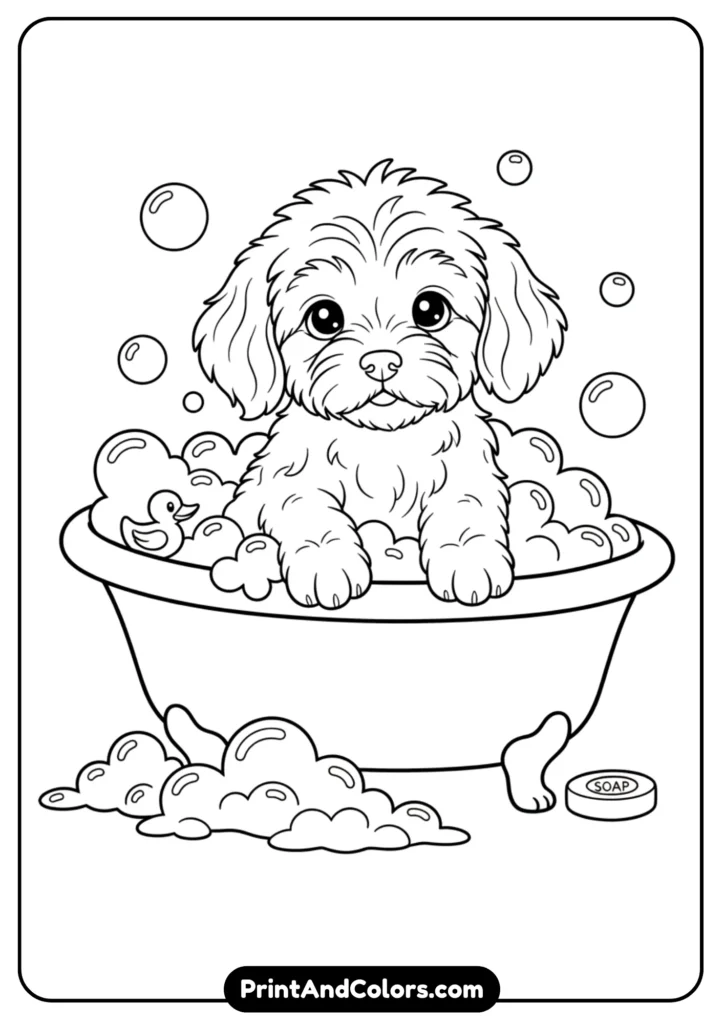 Outline drawing of a fluffy puppy in a small bathtub with bubbles around. Black and white design for kids’ coloring.