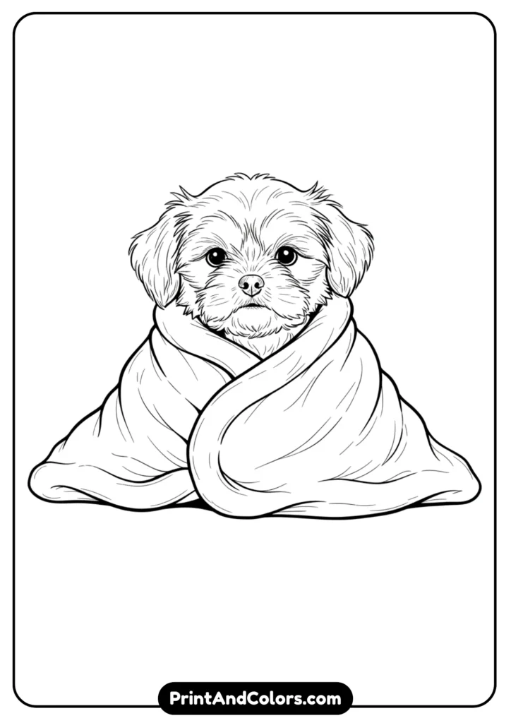 Outline drawing of a fluffy Shih Tzu puppy wrapped cozily in a blanket. Black and white clean lines for coloring.