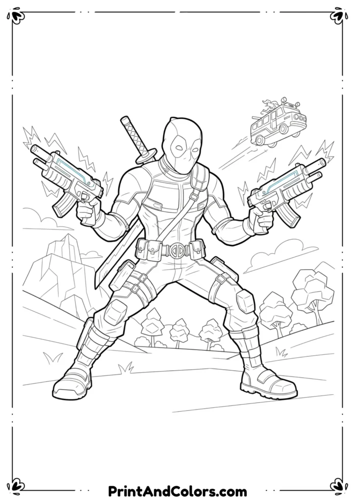 Deadpool in Fortnite-style outfit holding weapons, clean line art, cartoonish yet action-packed outlines, black-and-white for coloring.