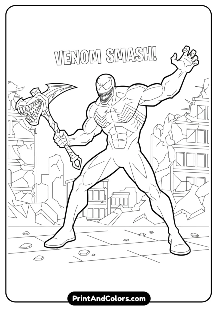 Venom in Fortnite style, holding a weapon, standing in iconic Fortnite pose. Clean outlines for game-inspired coloring