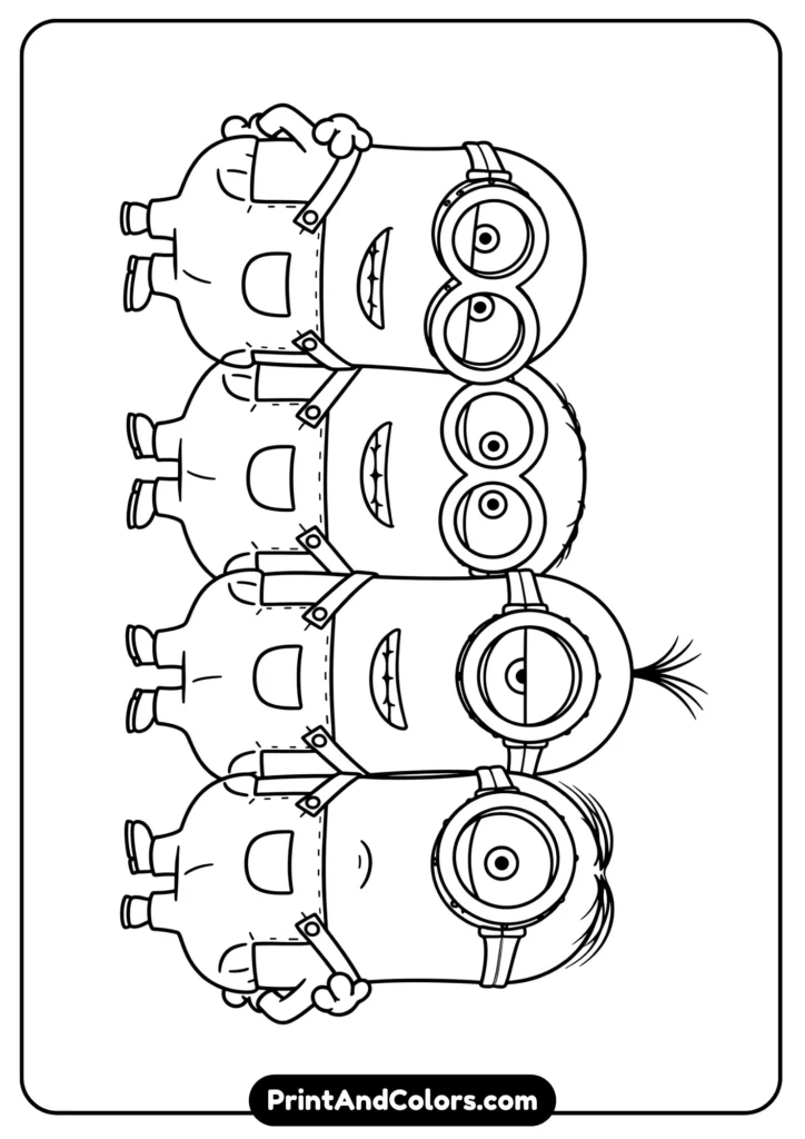 Group of four Minions standing together, cartoon black-and-white outlines for coloring
