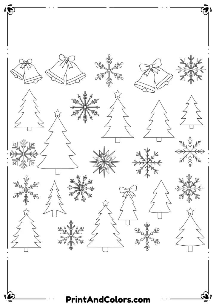 A collection of simple and easy black and white Christmas-themed outlines, including trees, bells, and snowflakes.