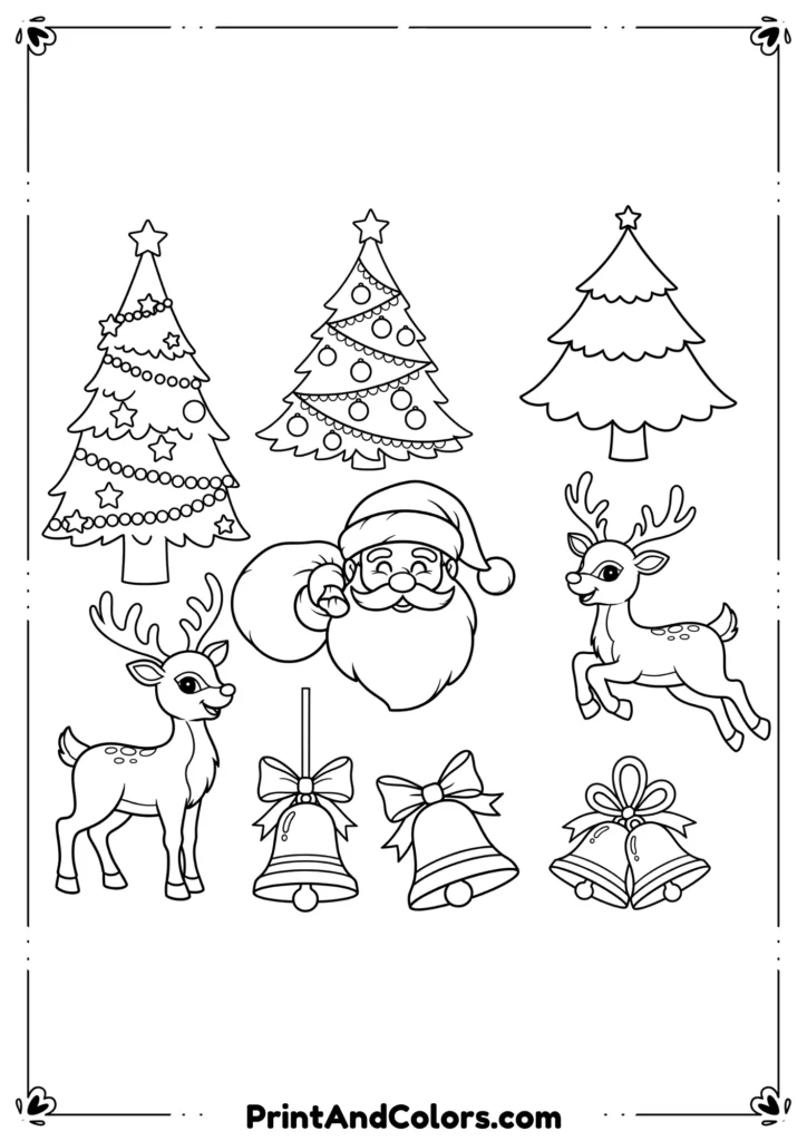 Black and white outline set of Christmas trees, Santa, reindeer, and bells designed for free printable coloring sheets.