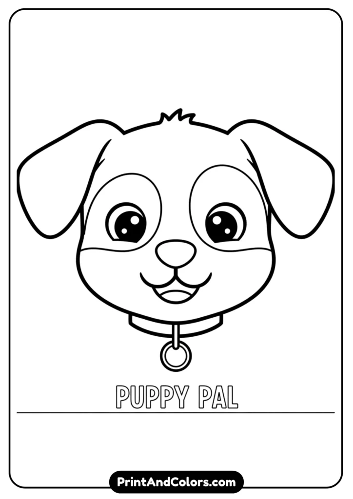 Simple line art of a smiling puppy in black and white outlines, designed as a free printable coloring page." Alt Text: Free printable puppy outline drawing for coloring page