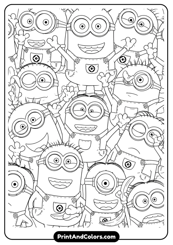 A full-page design of Minion characters covering the sheet, detailed black-and-white outline