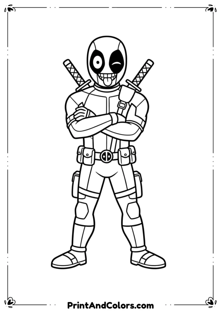 Cartoonish Deadpool making a silly face, exaggerated features, black-and-white outline drawing, clean comic-style suitable for kids to color.