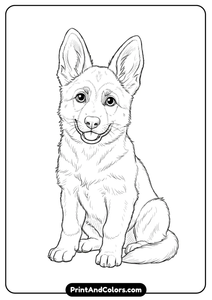 Outline sketch of a German Shepherd puppy sitting with perked ears and fluffy fur. Clean black and white lines for coloring page