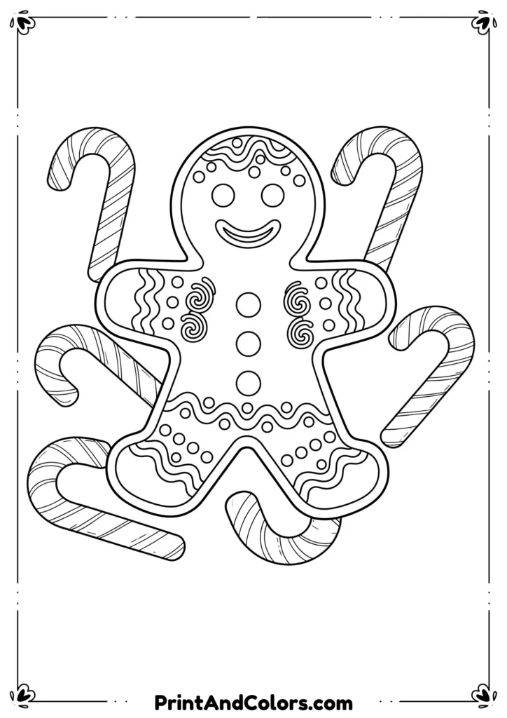 Outline drawing of a gingerbread man with icing decorations, surrounded by candy canes.