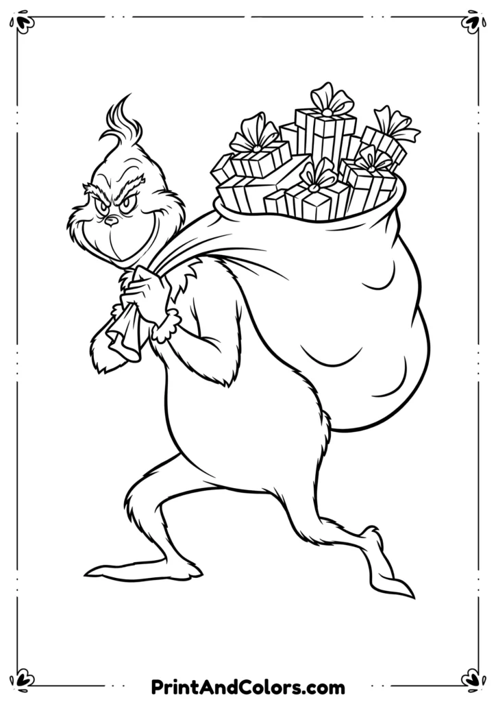 Black and white outline of the Grinch sneaking away with a Christmas sack full of gifts.