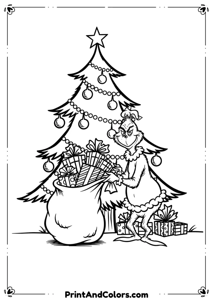 Line drawing of the Grinch stealing Christmas presents under a decorated tree.