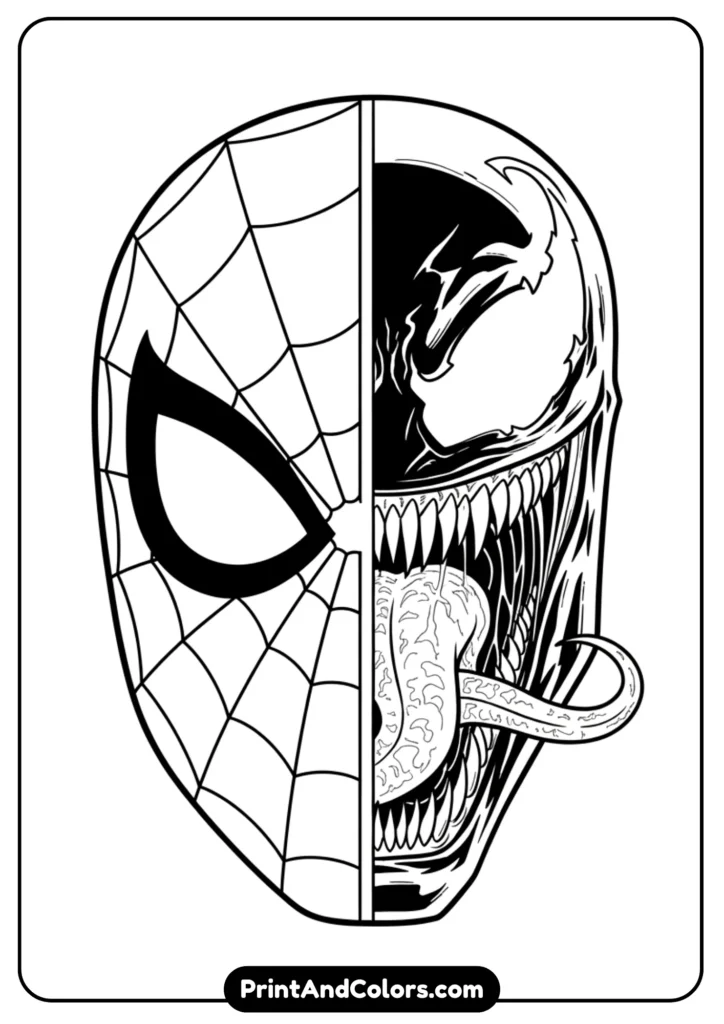 Split-face line art with one side Spider-Man mask, the other side Venom symbiote face with teeth. Bold outlines