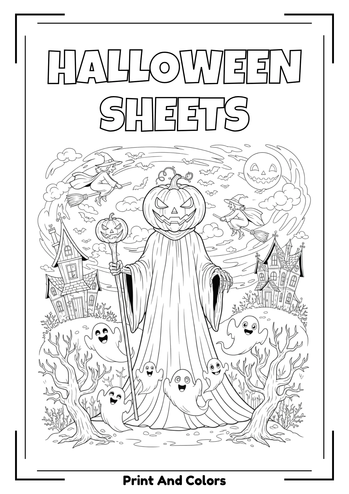 Halloween coloring page in black and white line art with pumpkins and ghosts