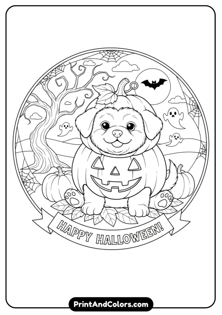 Black and white outline of a puppy wearing a pumpkin costume, with a Halloween theme. Clean lines for coloring
