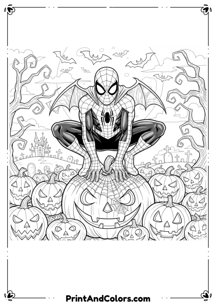 Spider-Man in a pumpkin patch, spooky bats in the background, wearing a Halloween-themed mask.