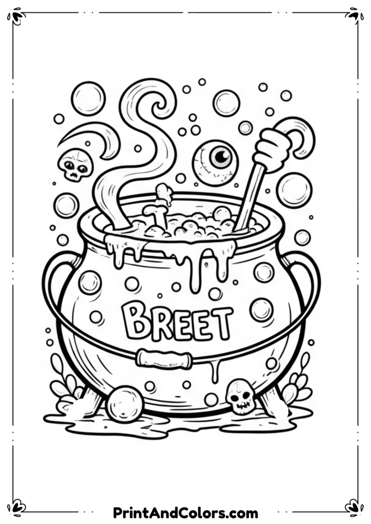 Witch making a magical brew with smoke, potion bottles, and bats in line art.