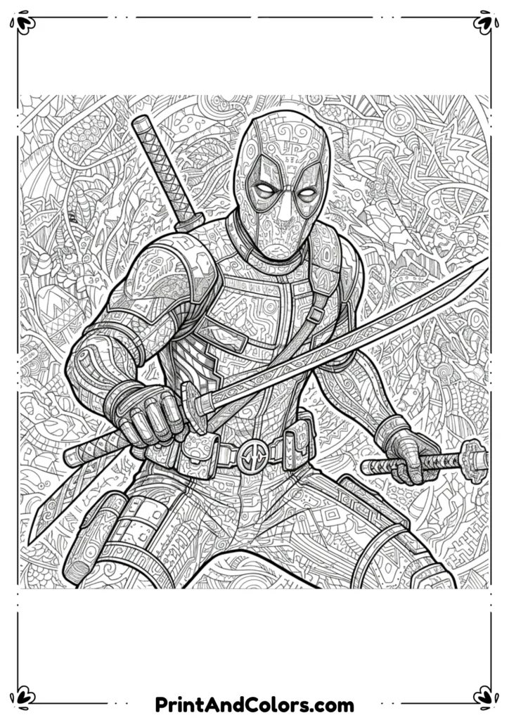 Highly detailed and intricate Deadpool line art with complex patterns, black-and-white design for advanced coloring.