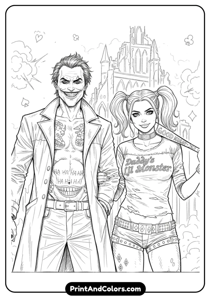 Black and white outline of Suicide Squad Joker with Harley Quinn, stylized comic line art for coloring.