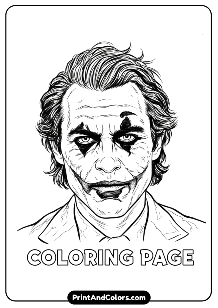Black and white portrait line art of Heath Ledger’s Joker with scars and clown paint.