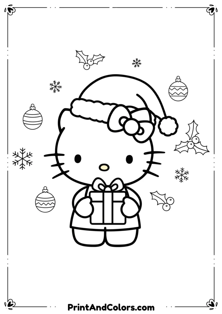 Line art of Hello Kitty wearing a Santa hat, holding a gift with Christmas decorations around.