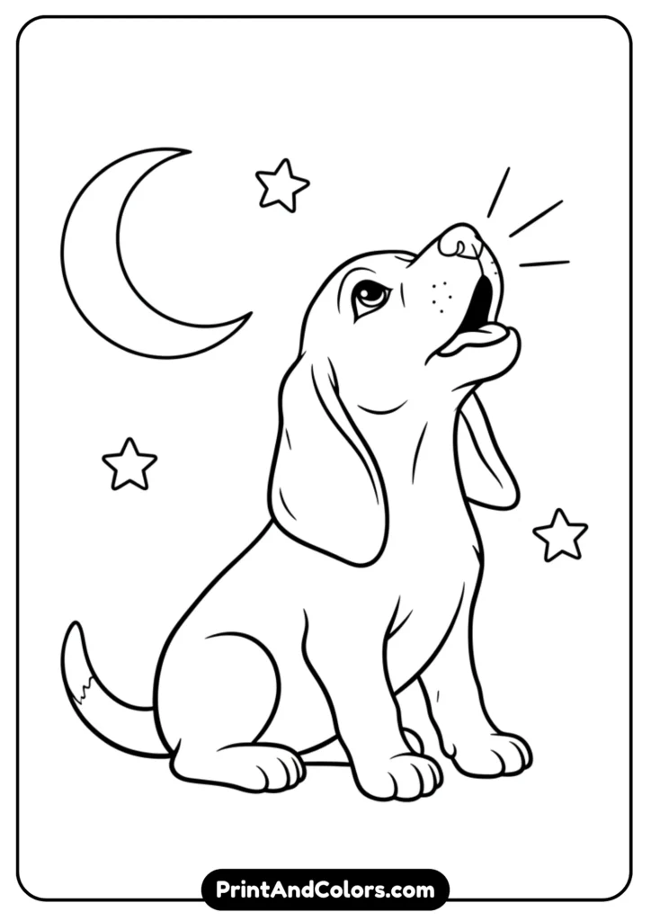 Outline drawing of a hound puppy sitting with its head up, howling at the sky. Black and white clean lines for coloring.