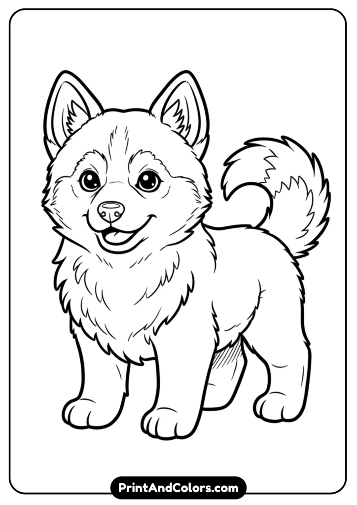 Black and white line art of a fluffy Husky puppy with perked ears and bushy tail. Clear outlines for a coloring page.
