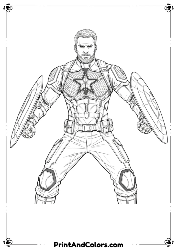 Black and white outline of Captain America in Infinity War outfit, battle-ready pose with shield.