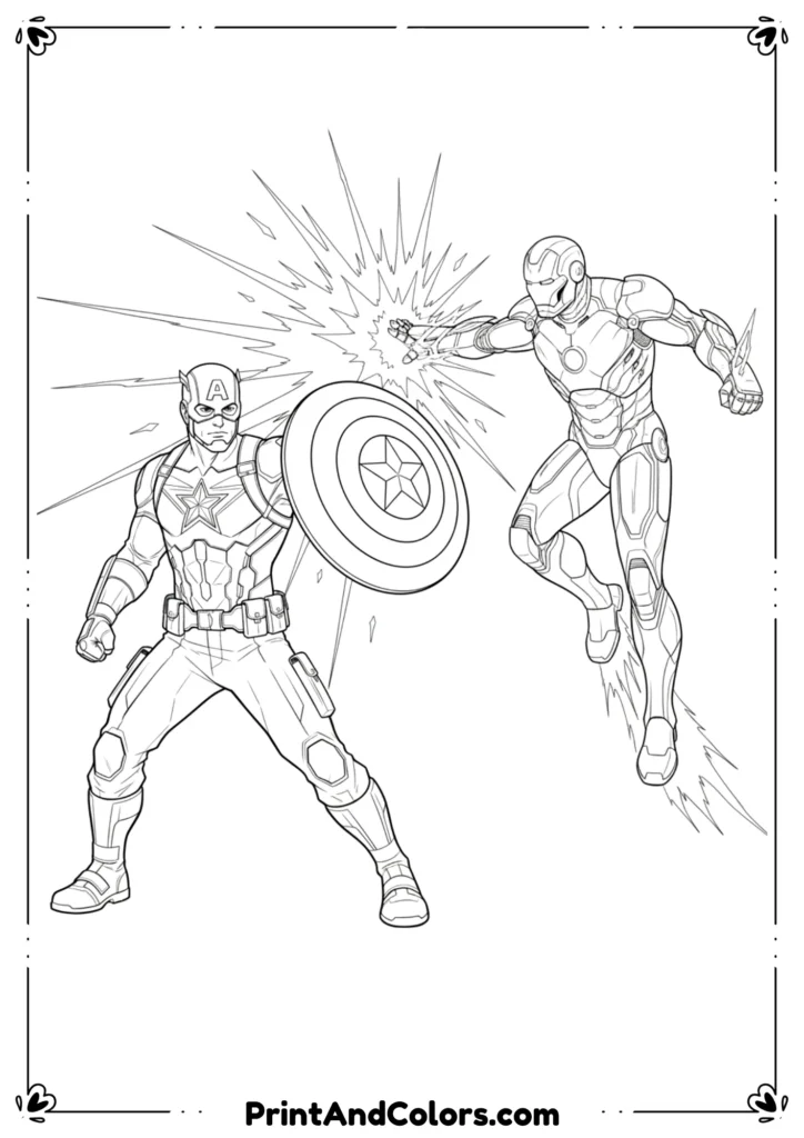 Line art of Captain America in battle against Iron Man, both in action poses, shield vs repulsor blast.