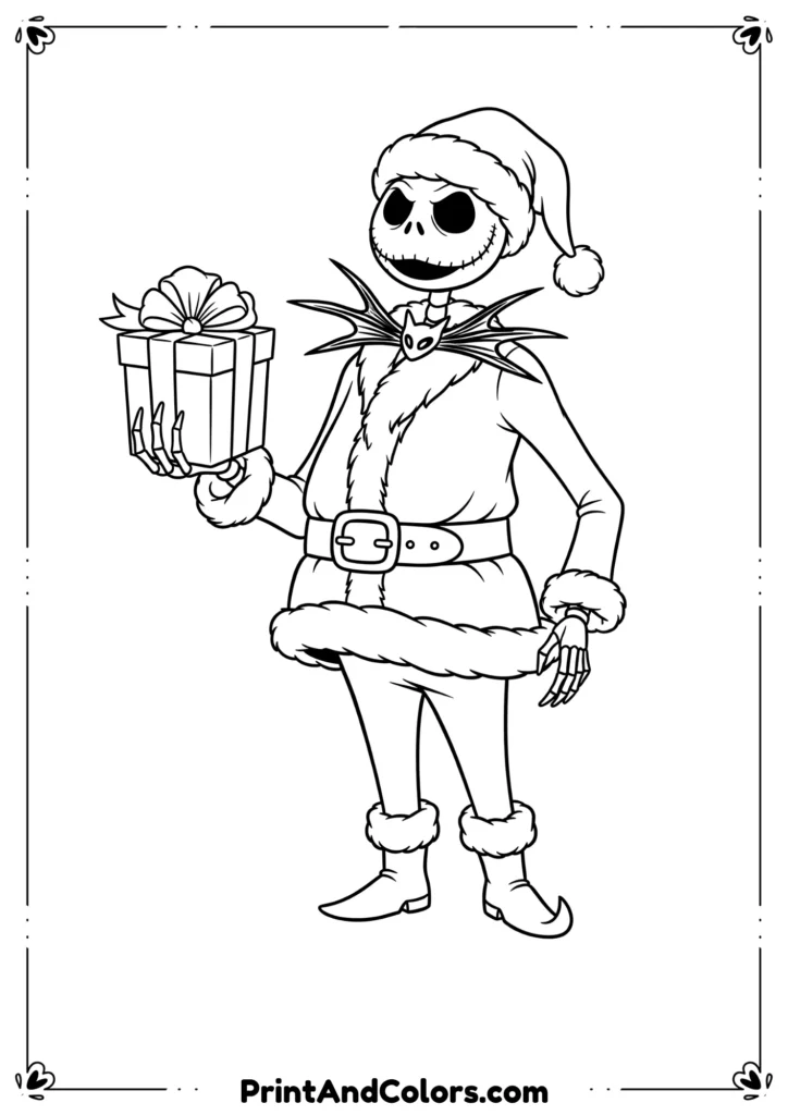 Black and white outline of Jack Skellington dressed as Santa Claus holding a Christmas present.