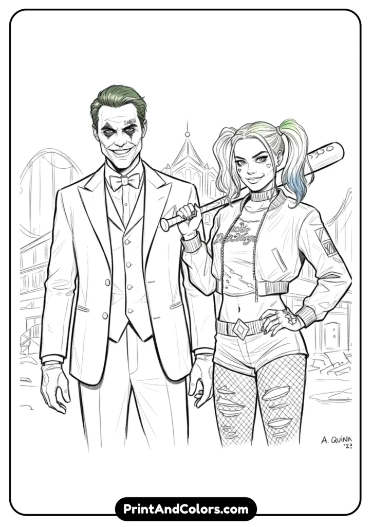 Joker and Harley Quinn standing together, black and white outlines, Jared Leto and Margot Robbie-inspired designs.