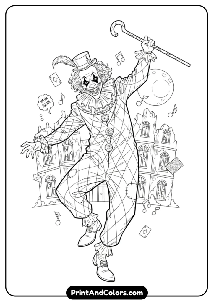 Joker 2 movie-inspired design of Joker in clown suit, black and white outline for coloring