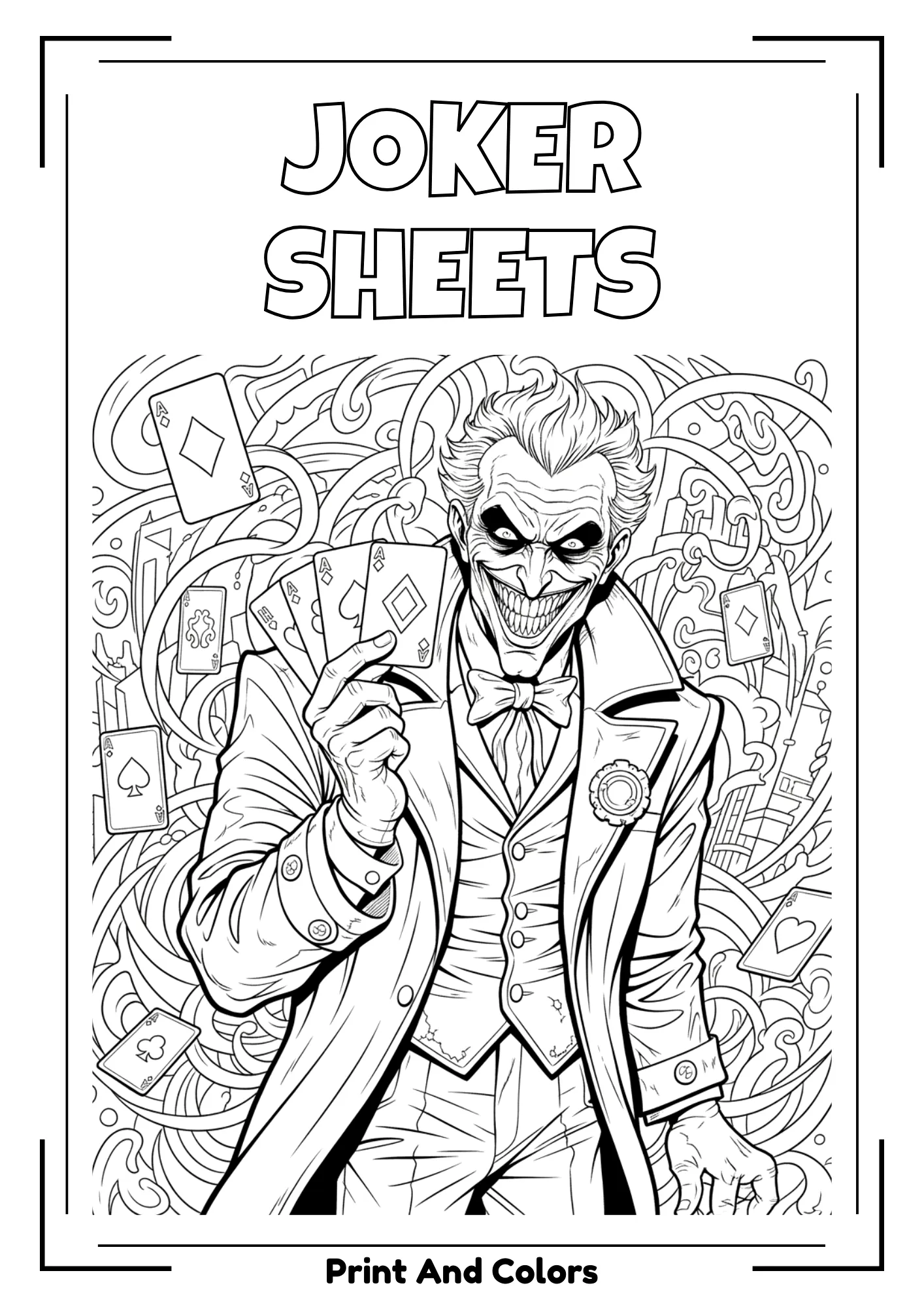 Joker coloring page in black and white line art with scary comic villain
