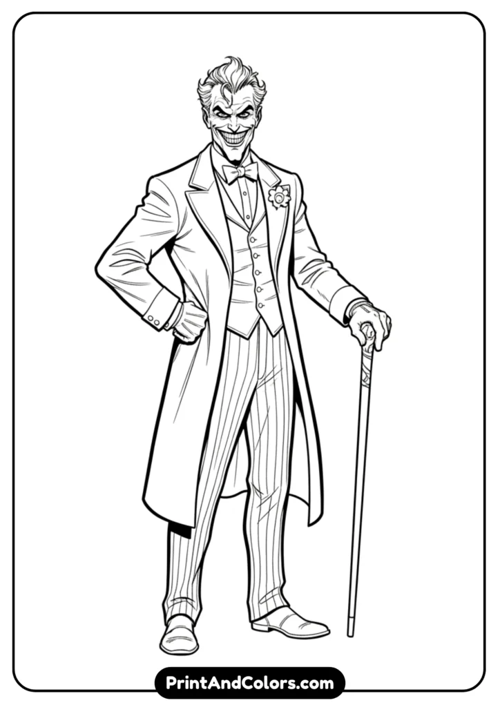 Black and white line art drawing of the Joker, standing confidently with his suit, wide grin, and slicked-back hair. The design should be detailed but with clean outlines, perfect for a coloring page