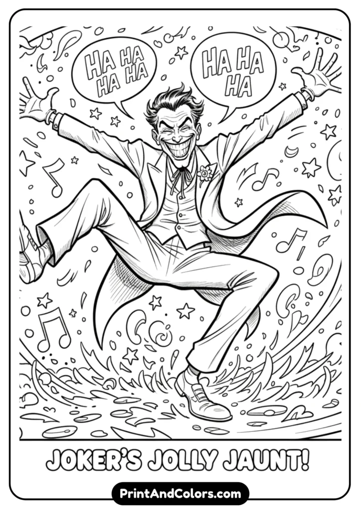 Joker dancing happily with exaggerated body movement, black and white comic outline