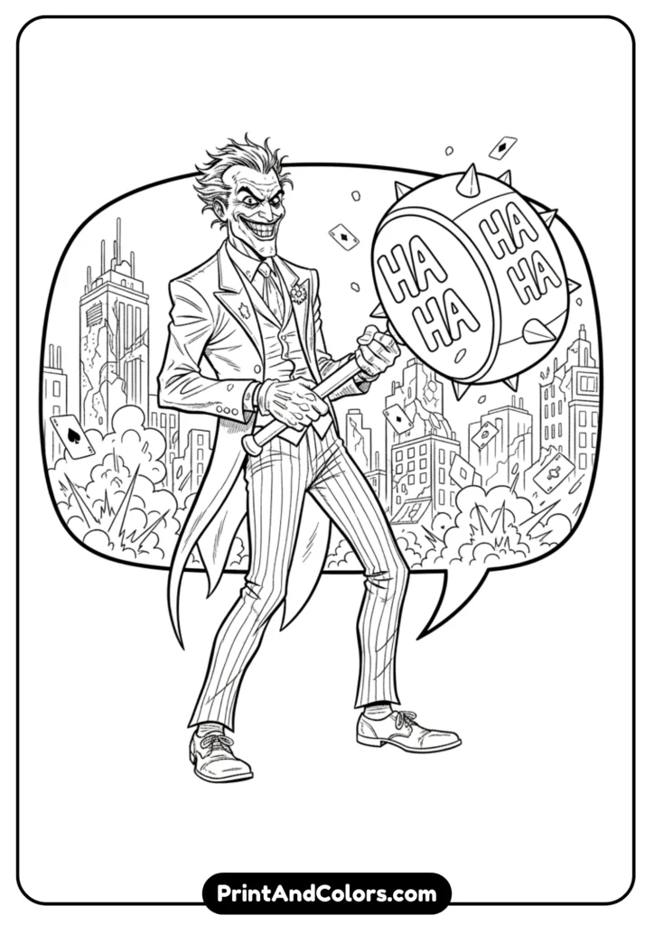 Joker holding giant mallet weapon, black and white line art with comic-style bold outlines