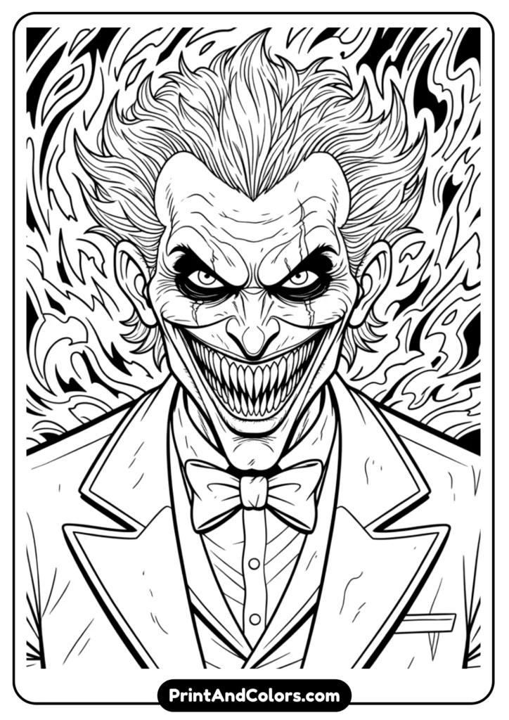 Creepy Joker with a sinister wide smile, sharp features, and messy hair. Black and white line drawing with bold outlines, ideal for coloring