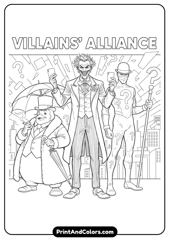 Joker standing alongside Penguin and Riddler, black and white line art group comic page.