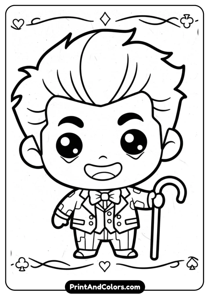 Cute kawaii-style Joker with oversized head and big eyes, black and white child-friendly outline.