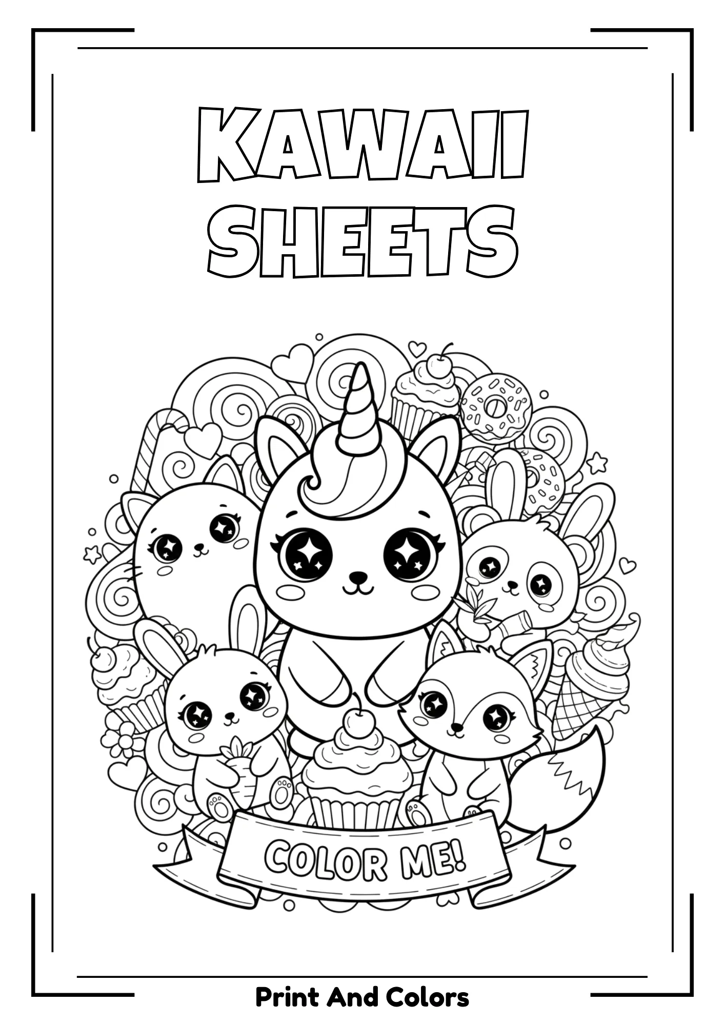 Kawaii coloring page featuring cute characters, animals, and sweets in black and white line art.